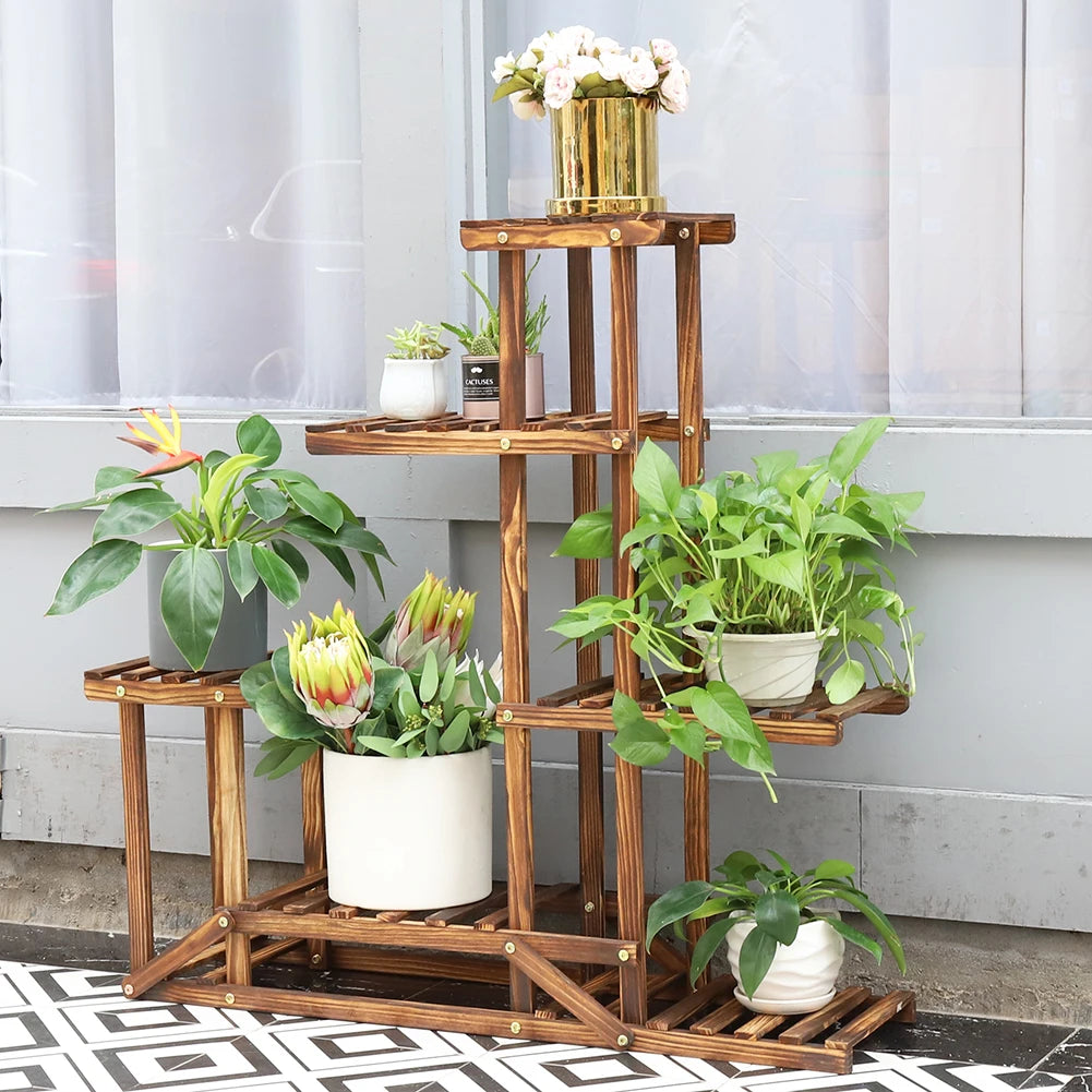 6 Tiered Wood Plant Flower Stand Shelf Planter