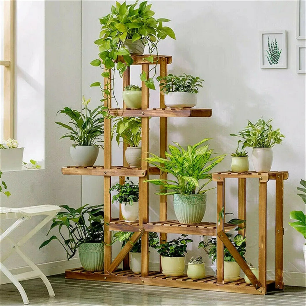 6 Tiered Wood Plant Flower Stand Shelf Planter