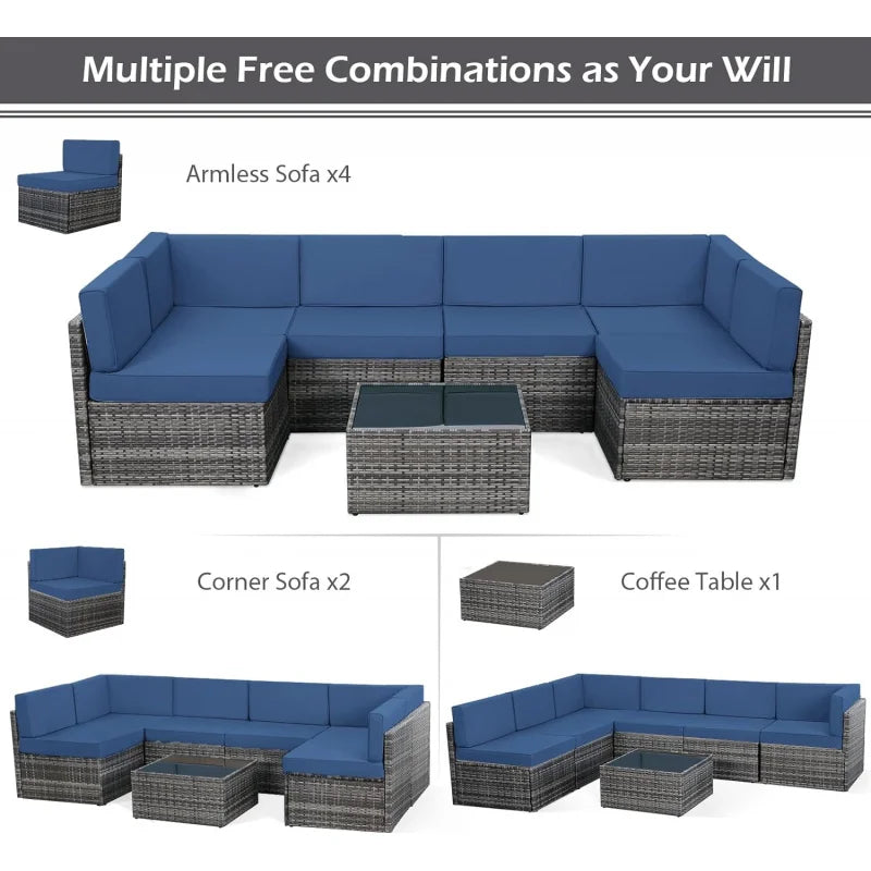 Rattan Grey Wicker , 7 PC Outdoor Sectional