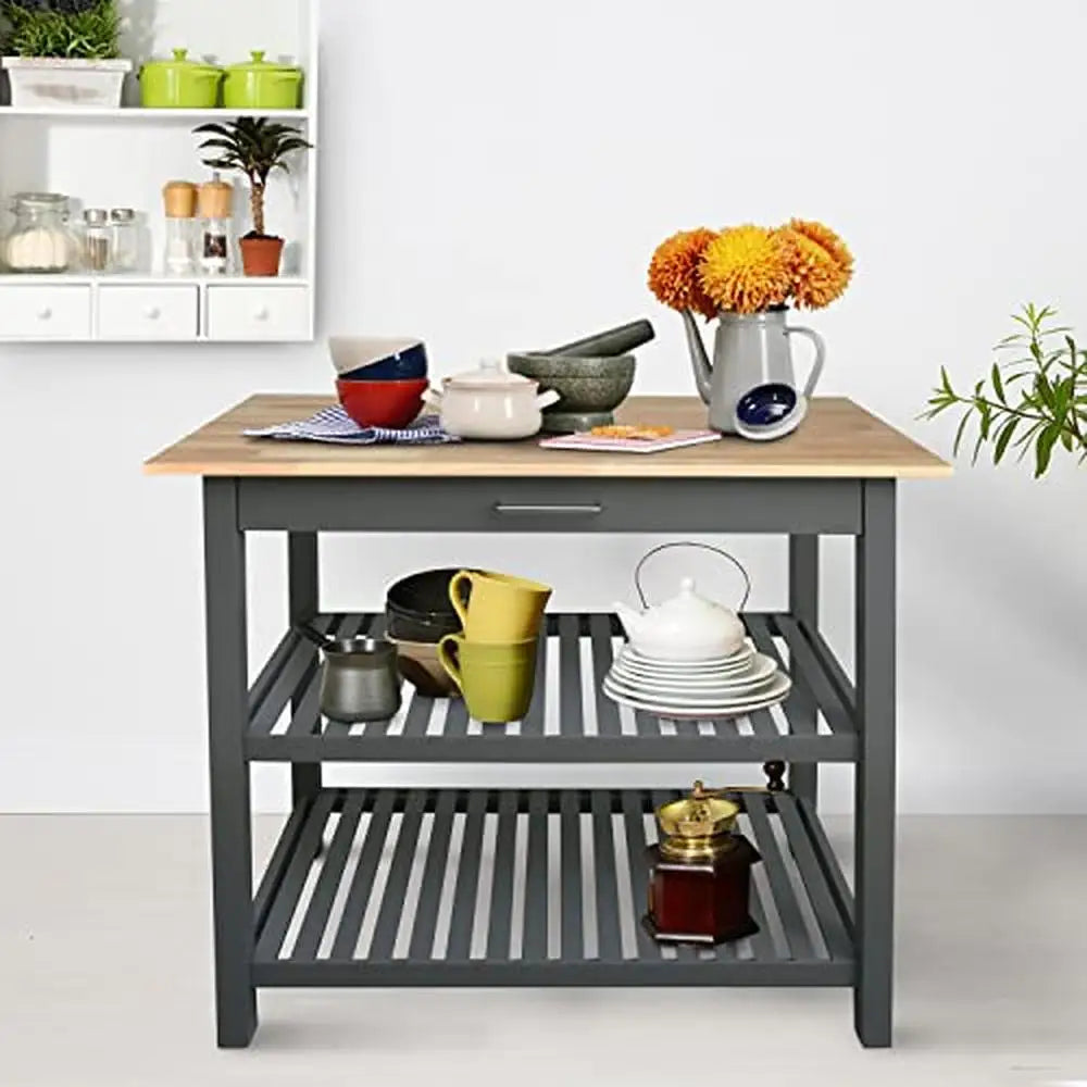 Gray Wood Kitchen Island with Stainless Steel Drawer