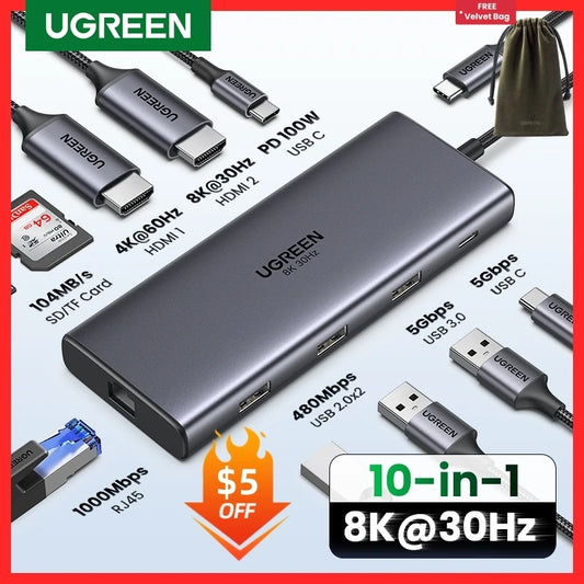 UGREEN Dual HDMI USB HUB 8K HDMI Adapter 10 in 1 Splitter with RJ45 USB 3.0 PD 100W Dock for MacBook Pro Air M2 M1 USB C HUB