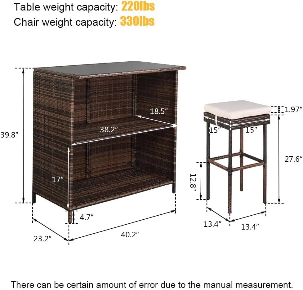 3PCS Rattan Patio Bar Set w/ Stools 40" Height Tempered Glasstop Table