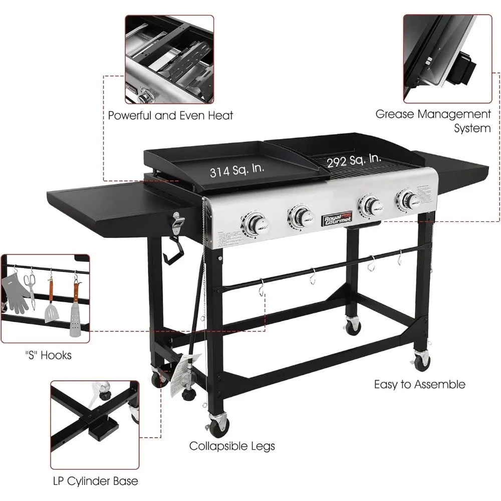 4-Burner Portable Gas Grill and Griddle Combo with Cover