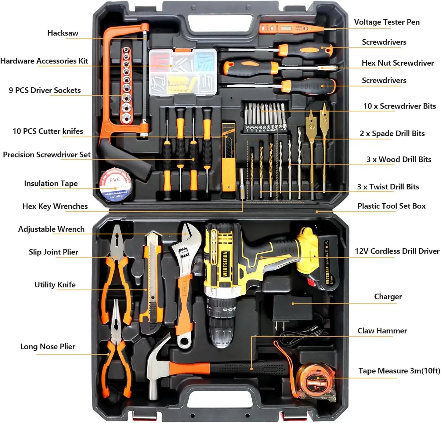 Home Tool Kit with12V Power Drill Impact Driver