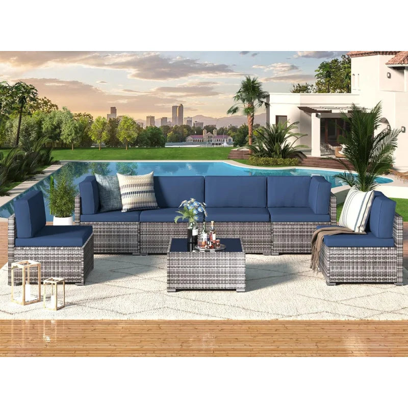 Rattan Grey Wicker , 7 PC Outdoor Sectional