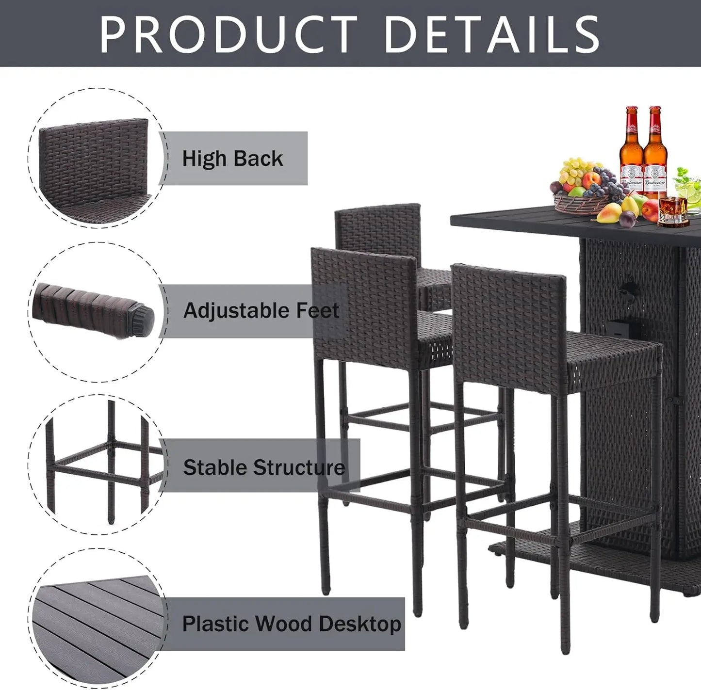 5-Piece Outdoor Wicker Bar Set with Built-in Bottle Opener