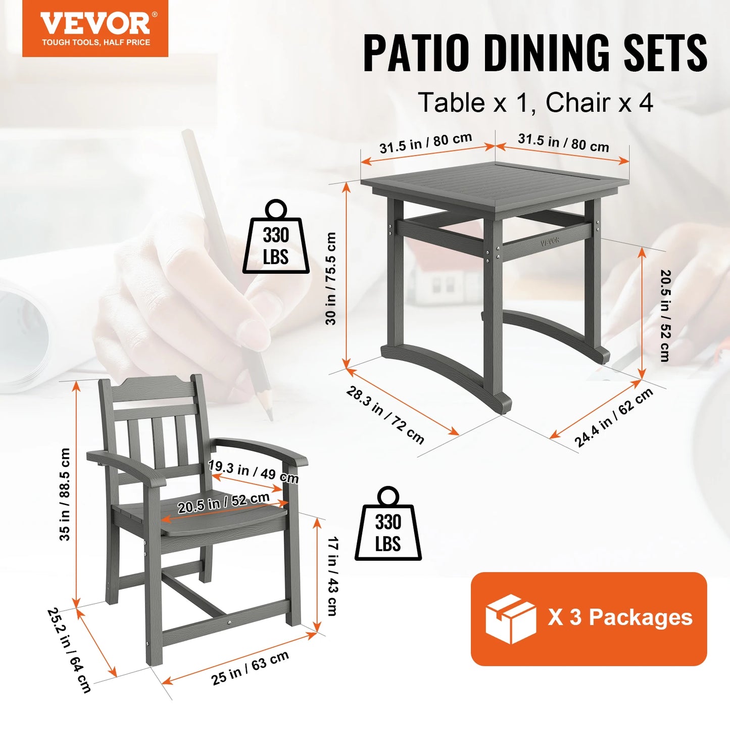 VEVOR 5 Pcs Patio Dining Set Outdoor Square Furniture