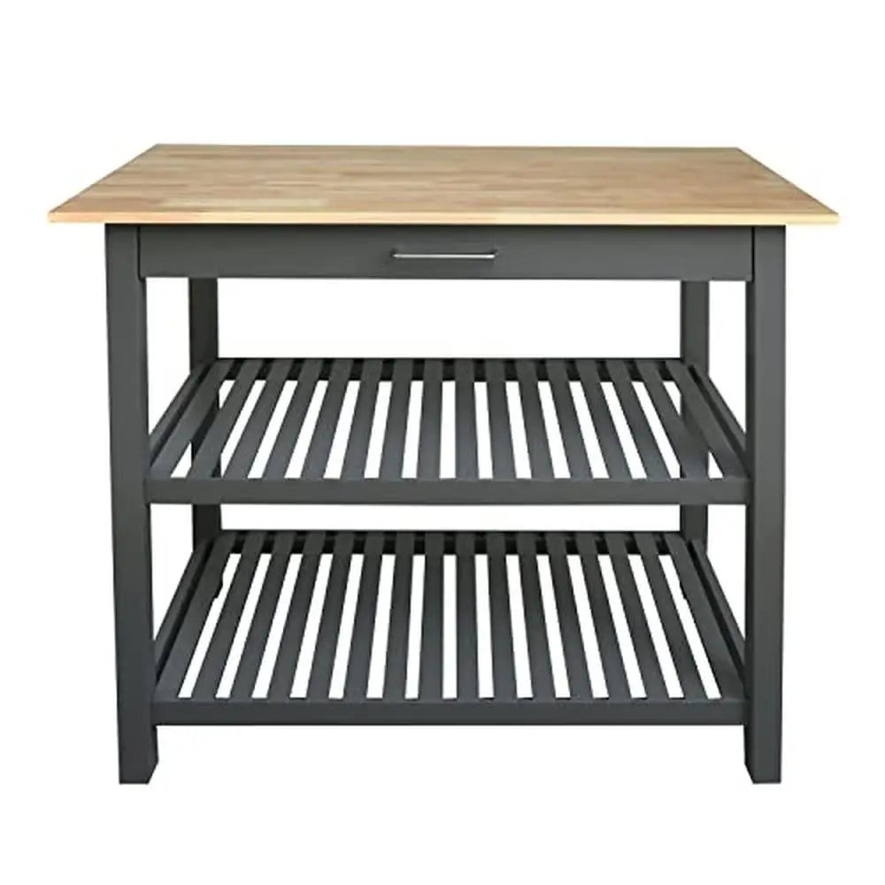 Gray Wood Kitchen Island with Stainless Steel Drawer