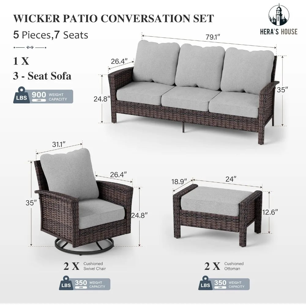 Wicker Patio Furniture Sets,2 x High Back Swivel Chair,3-Seat Sofa with 2 ottomans