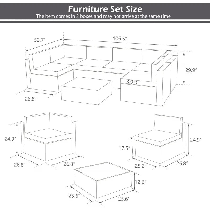 Rattan Grey Wicker , 7 PC Outdoor Sectional