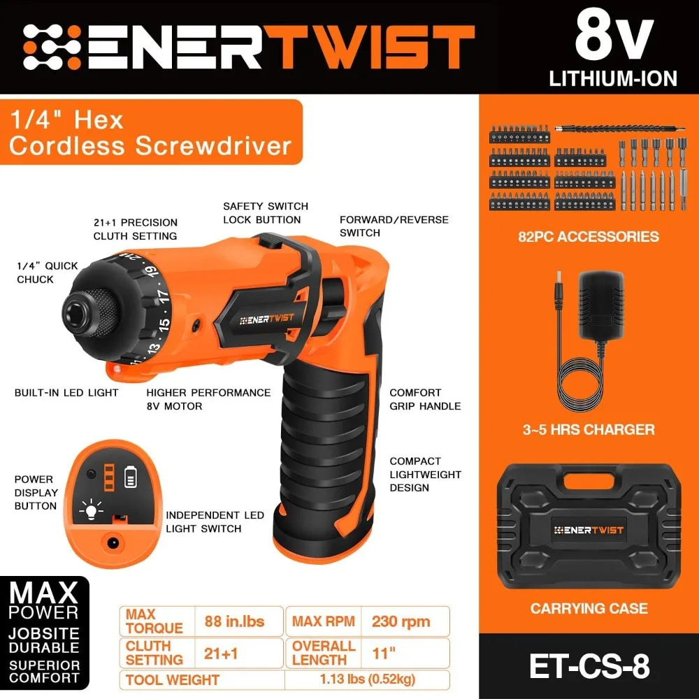 ENERTWIST Cordless Screwdriver,8V Max 10Nm Electric Screwdriver Rechargeable