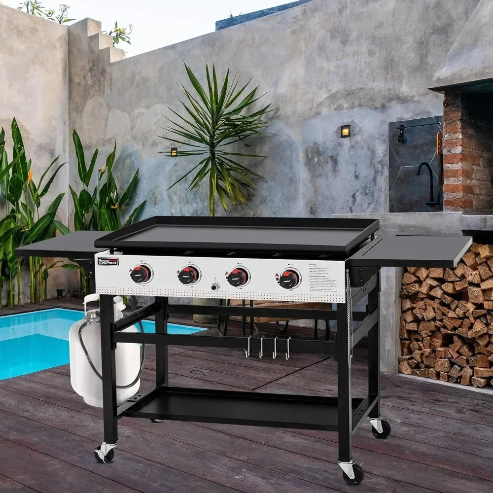 4-Burner Flat Top Gas Grill with Folding Side Tables